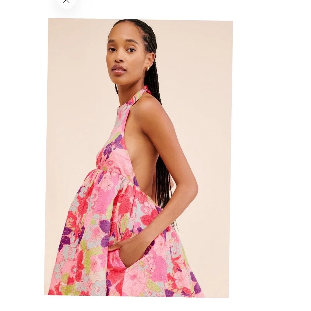 Free People Pink Floral‎ Jacquard Halter Mini Dress Open Back Size L New
